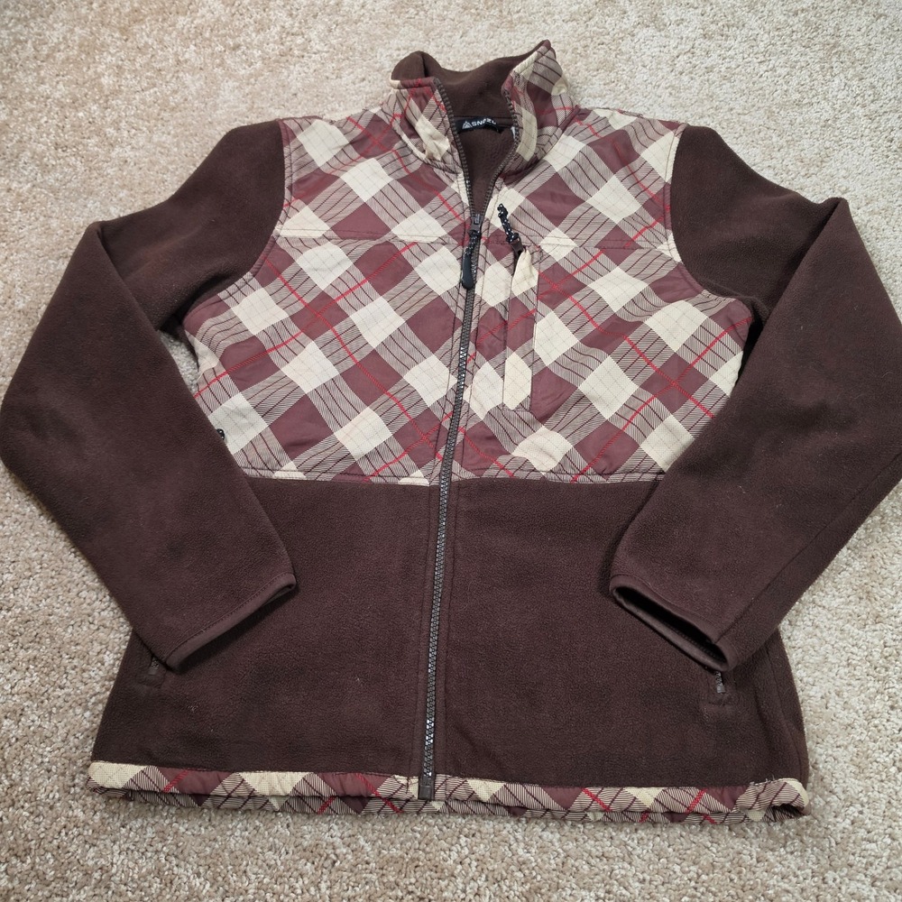 Snozu Fleece Jacket Brown Plaid Quilted Yoke Full Zip Outdoor Small